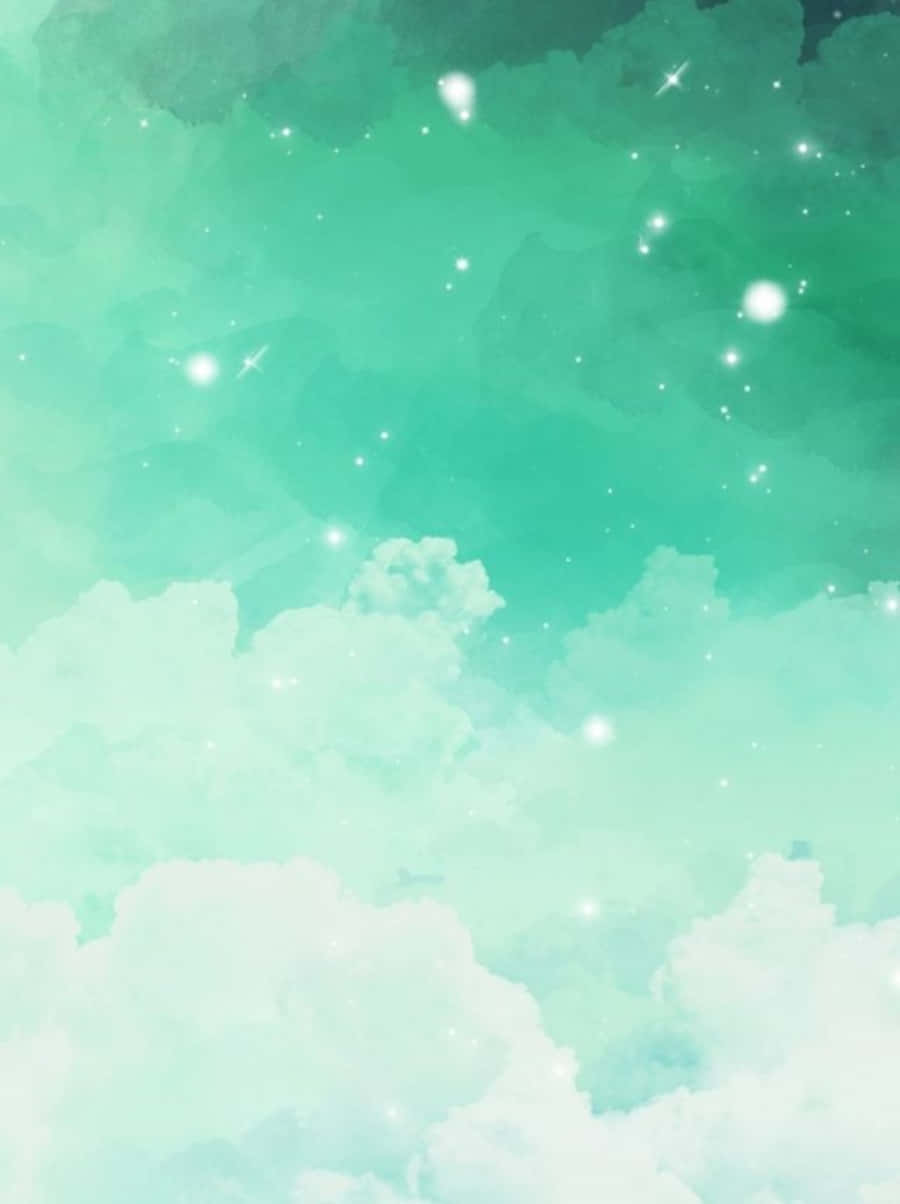 Pastel Blue Green 桌布 壁紙 — 柔和薄荷綠水彩天空，帶有蓬鬆雲朵和閃爍星星，溫柔發光。