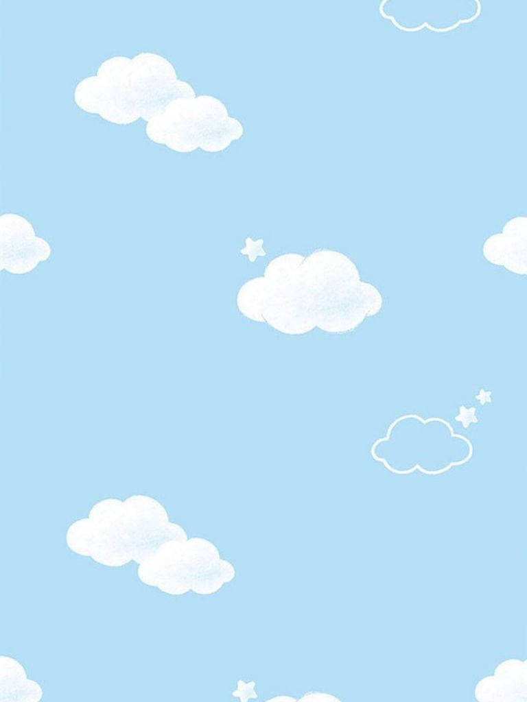 Clouds Aesthetics 桌布 壁紙 — 柔和藍天壁紙，背景散落著蓬鬆的白雲和細小的星星。