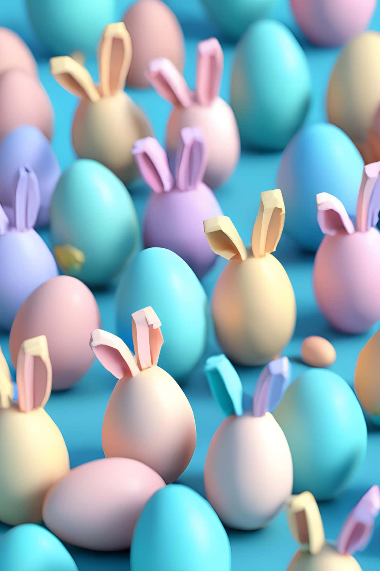 一組帶有兔耳朵的柔和色調復活節彩蛋，放在藍色背景上。