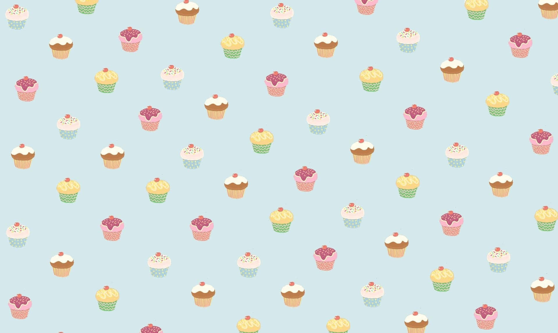 Kawaii Dessert 桌布 壁紙 — 柔和藍色背景上散落著帶有糖霜和櫻桃頂的粉彩紙杯蛋糕。