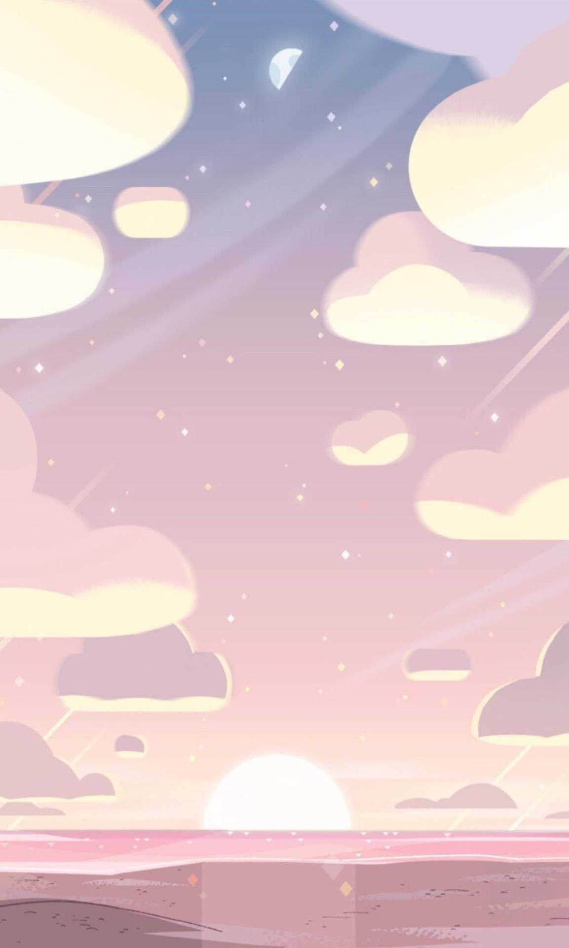 日落天空 桌布 壁紙 — 柔和雲朵與新月在粉紅地平線上閃耀的粉彩天空。