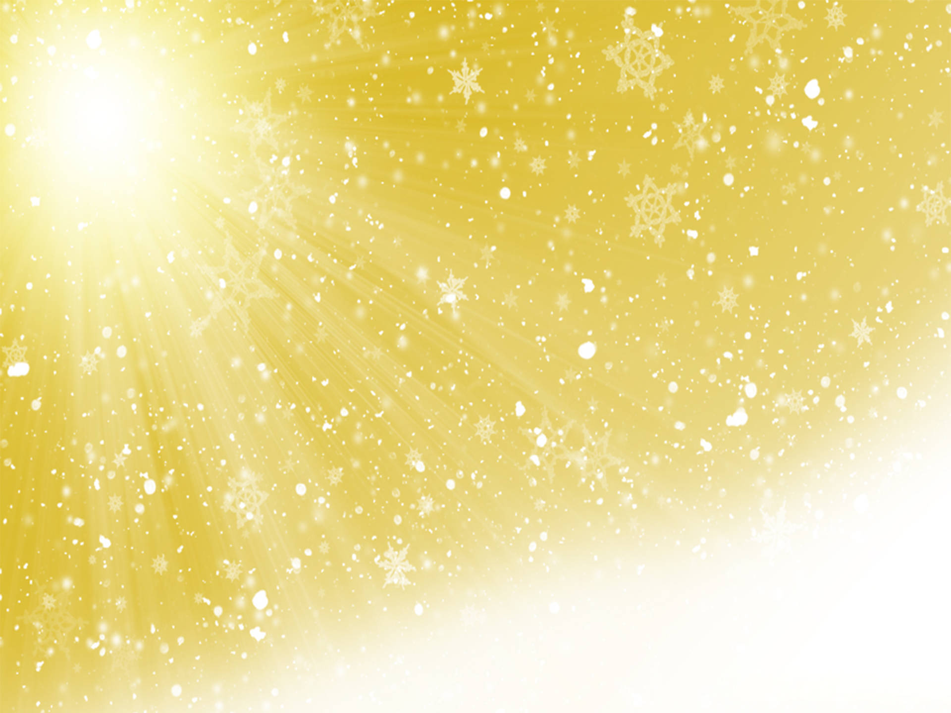 柔和黃色陽光藝術 壁紙 — 金色光芒從左側迸發，細膩的雪花在溫暖發光的天空中飄舞。