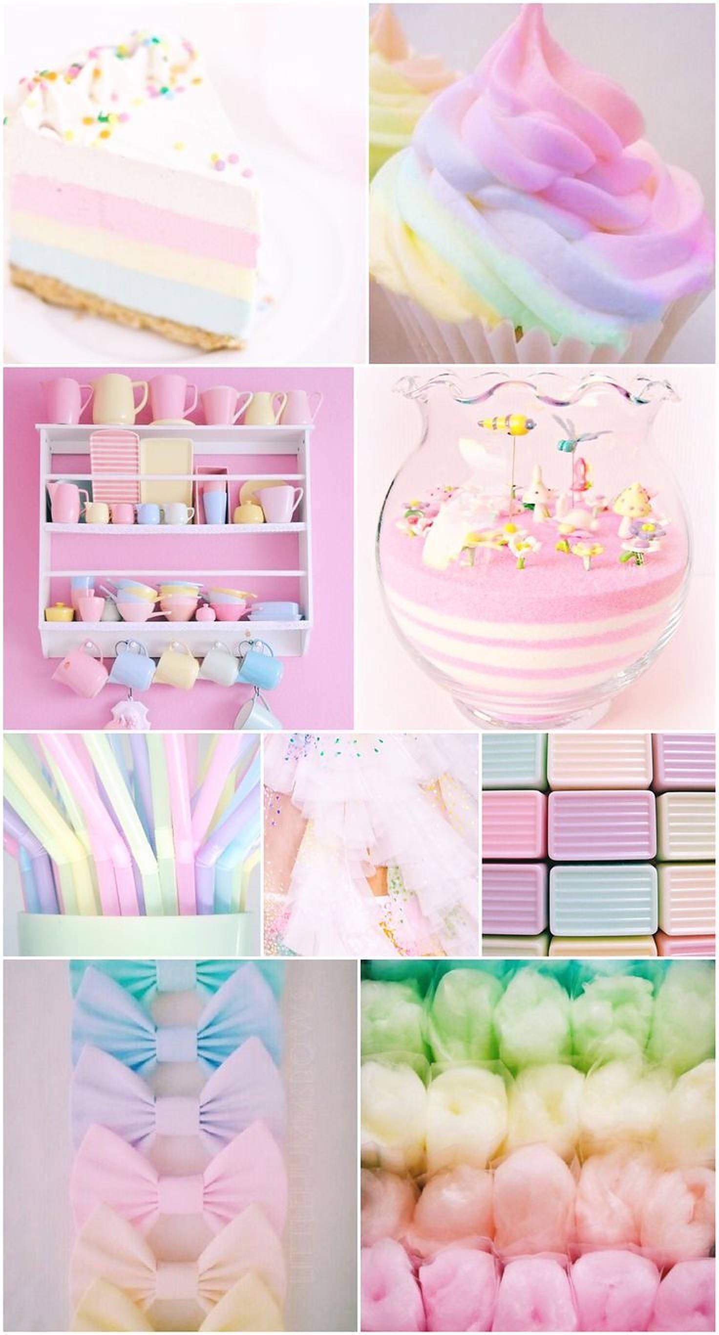 柔彩彩虹物品拼貼 壁紙 — 充滿活力的粉彩甜品和裝飾拼貼，包括彩虹杯子蛋糕、多層蛋糕、棉花糖和彩色蝴蝶結。