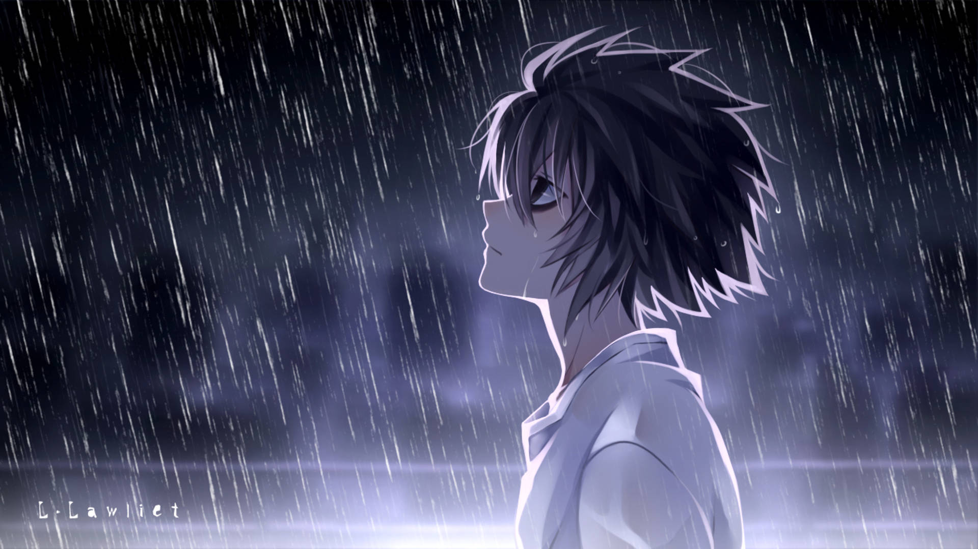 動漫男孩在夜晚雨中帶著平靜表情向上看。
