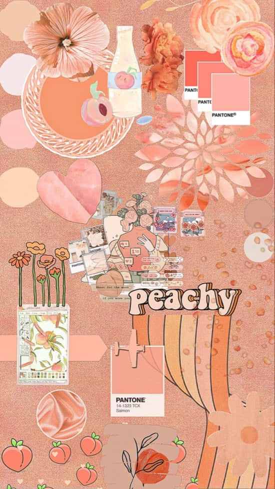 蜜桃色調的拼貼畫，包含花朵、瓶子、布料和 Pantone 色票。