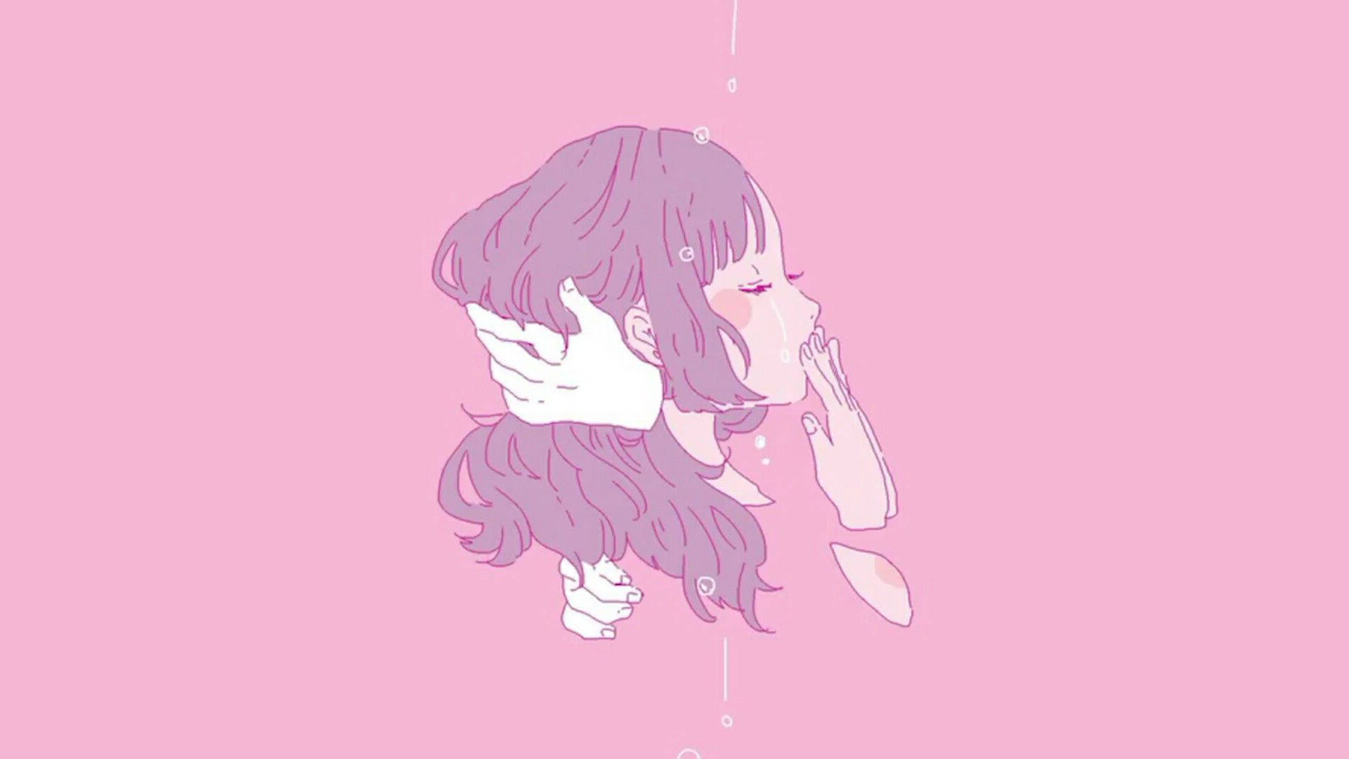 紫髮動漫女孩在粉紅色背景上觸摸臉部