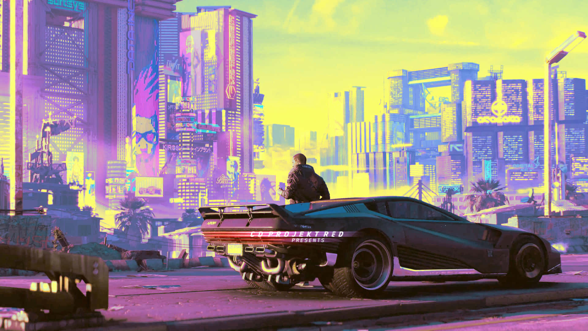 未來汽車上的人，霓虹城市，日落