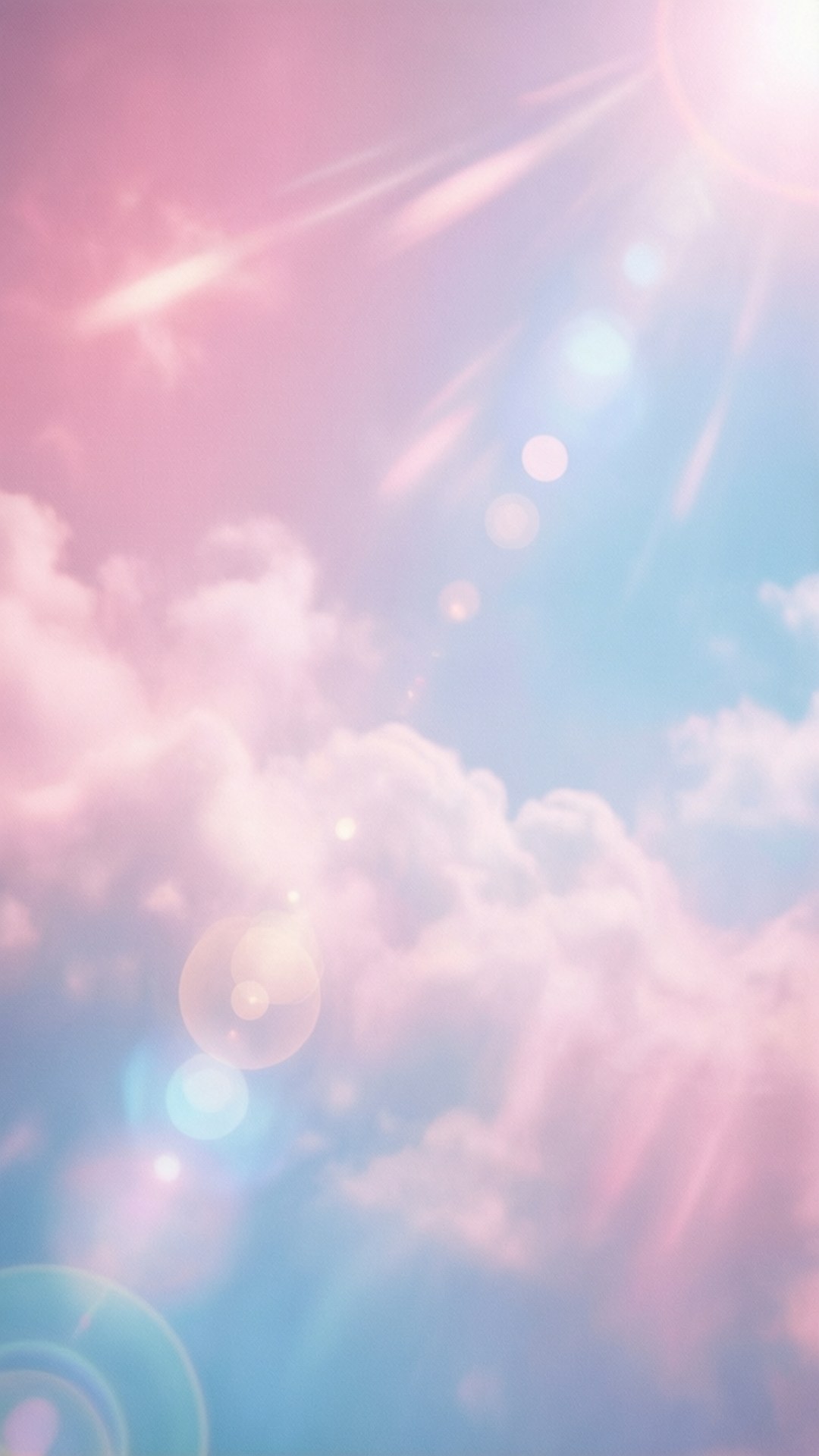 粉彩天空，蓬鬆雲朵與發光陽光營造寧靜夢幻氛圍。