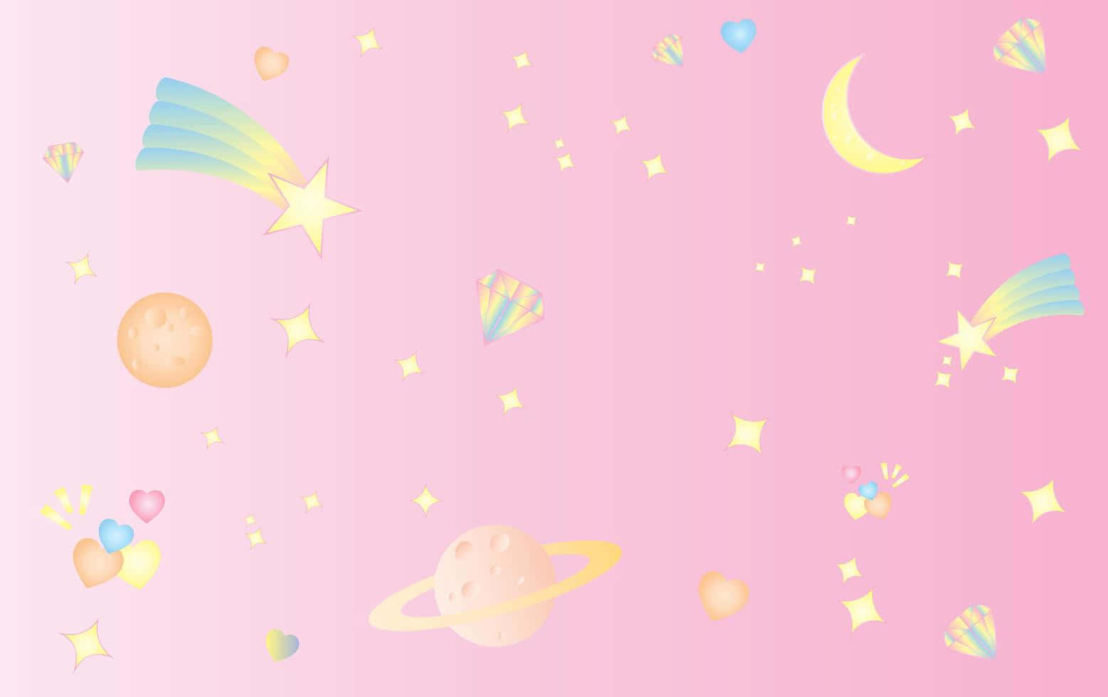 柔粉太空美學背景 壁紙 — 粉紅色天空充滿漂浮的星星、心形、行星和流星，呈現柔和的彩虹色調。