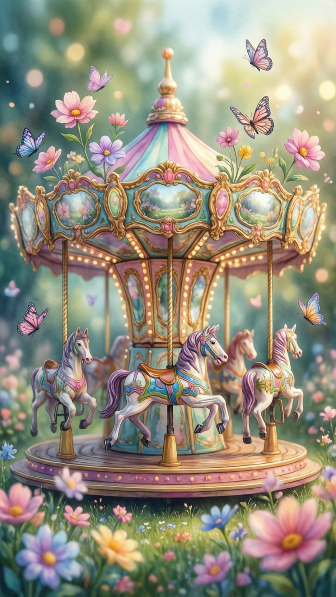 柔粉旋轉花車夢 壁紙 — 一個奇特的旋轉木馬，裝飾著華麗的馬匹和花卉裝飾，在陽光明媚的草地上旋轉，草地上滿是蝴蝶和色彩繽紛的花朵。