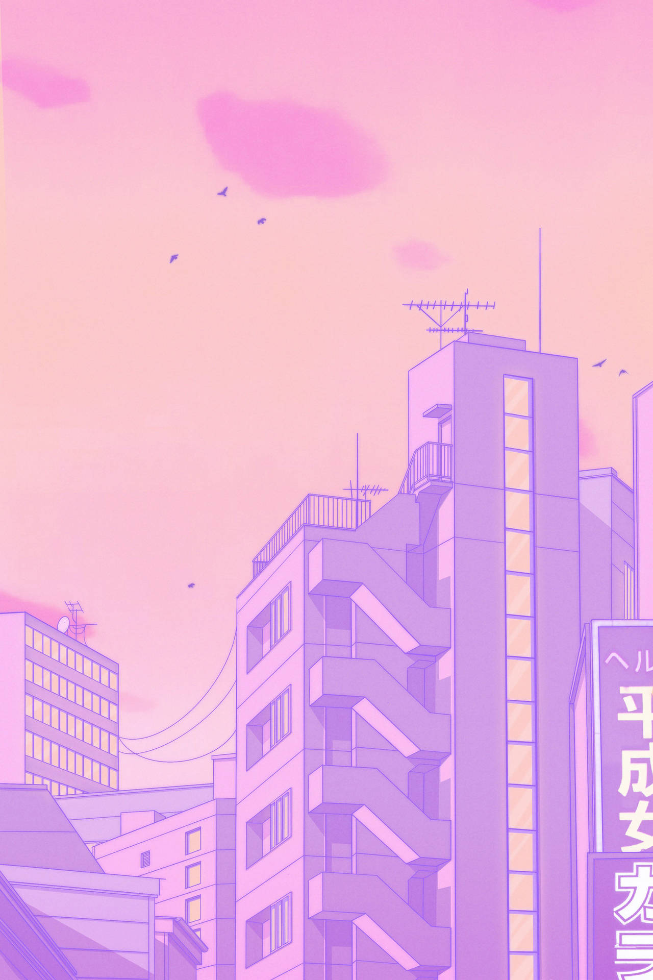 動漫城市景觀，粉紅色和紫色的建築物和天空中的飛鳥。