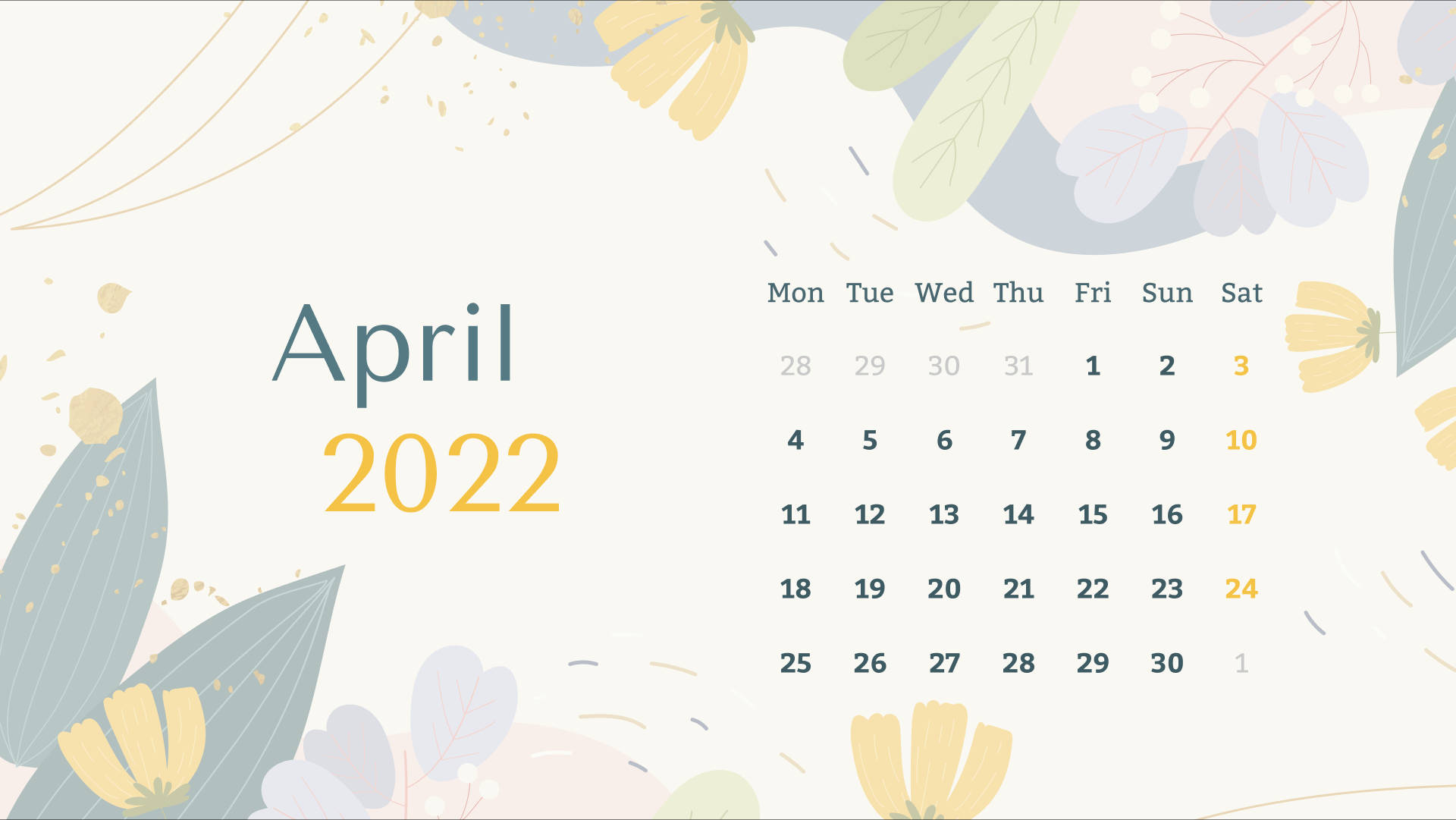 2022年4月月曆，帶有花卉設計元素。