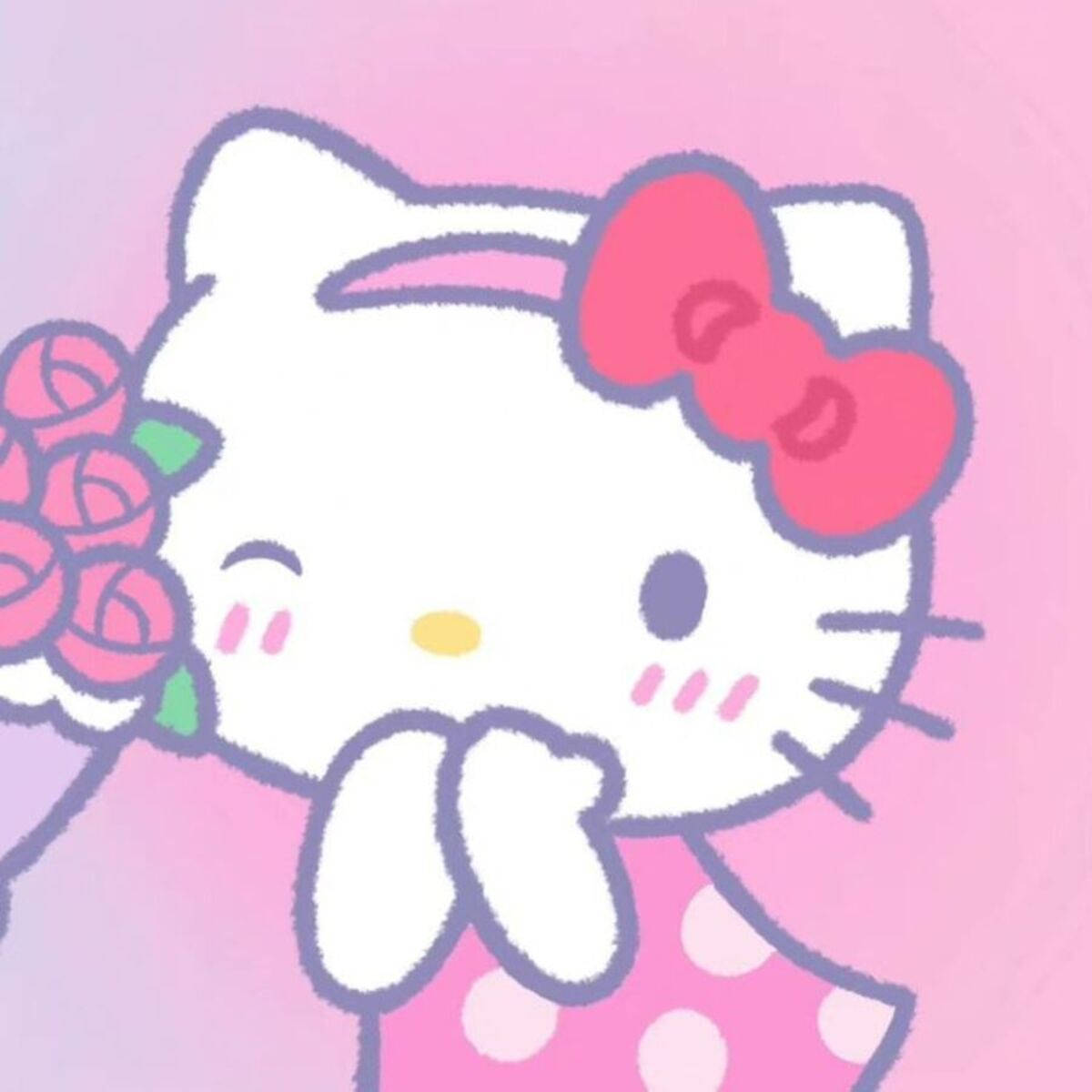 柔粉色Hello Kitty頭像 壁紙 — Hello Kitty 甜美微笑，手持粉紅玫瑰，背景為粉紅漸變色。