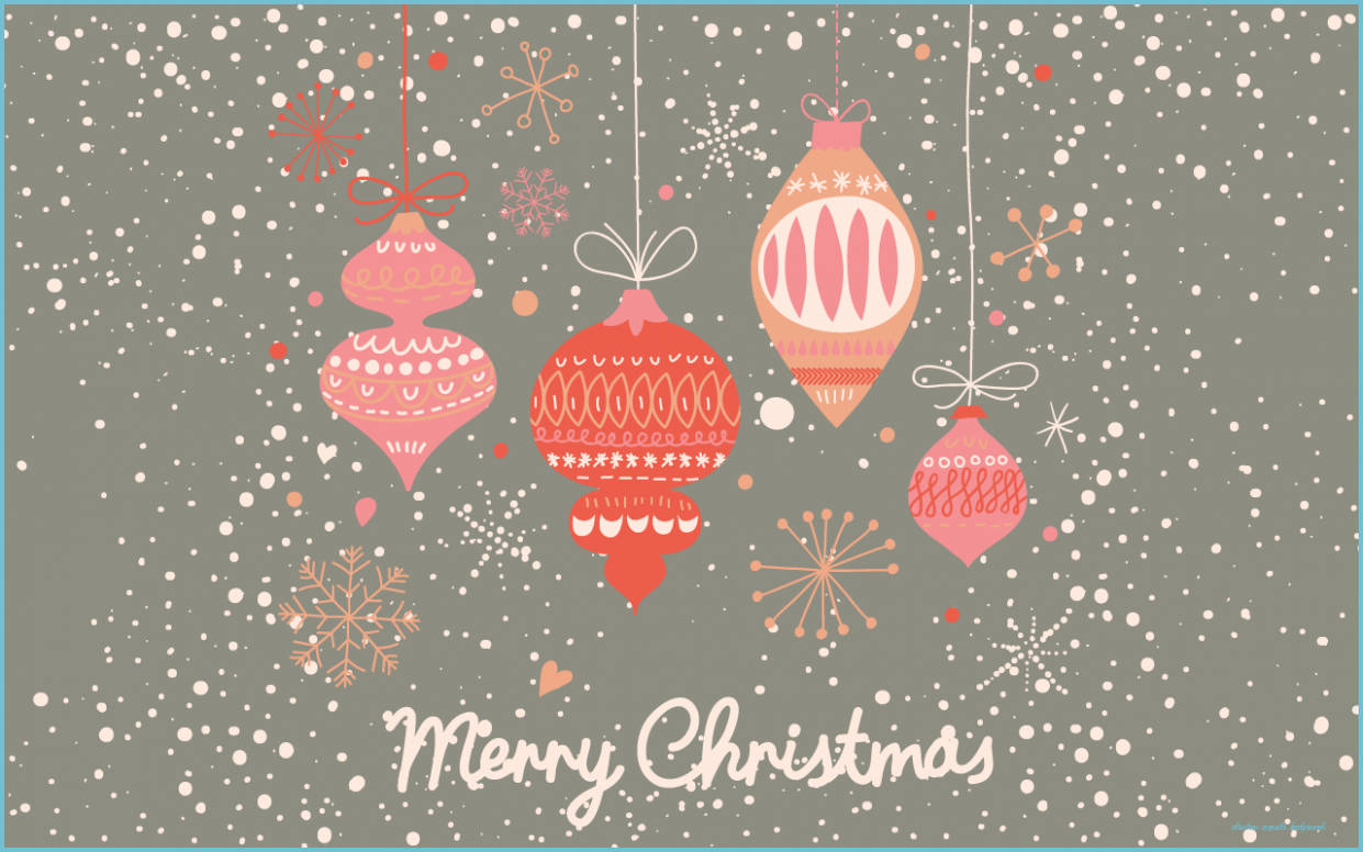 粉紅色和紅色的聖誕裝飾掛在飄落的雪中，帶有「Merry Christmas」文字。