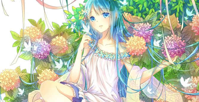 藍髮動漫女孩被色彩繽紛的花朵和白鳥環繞。