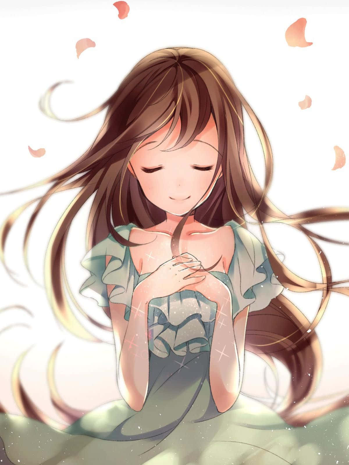 長棕色頭髮的動漫女孩微笑，粉紅色花瓣在她周圍飄浮。