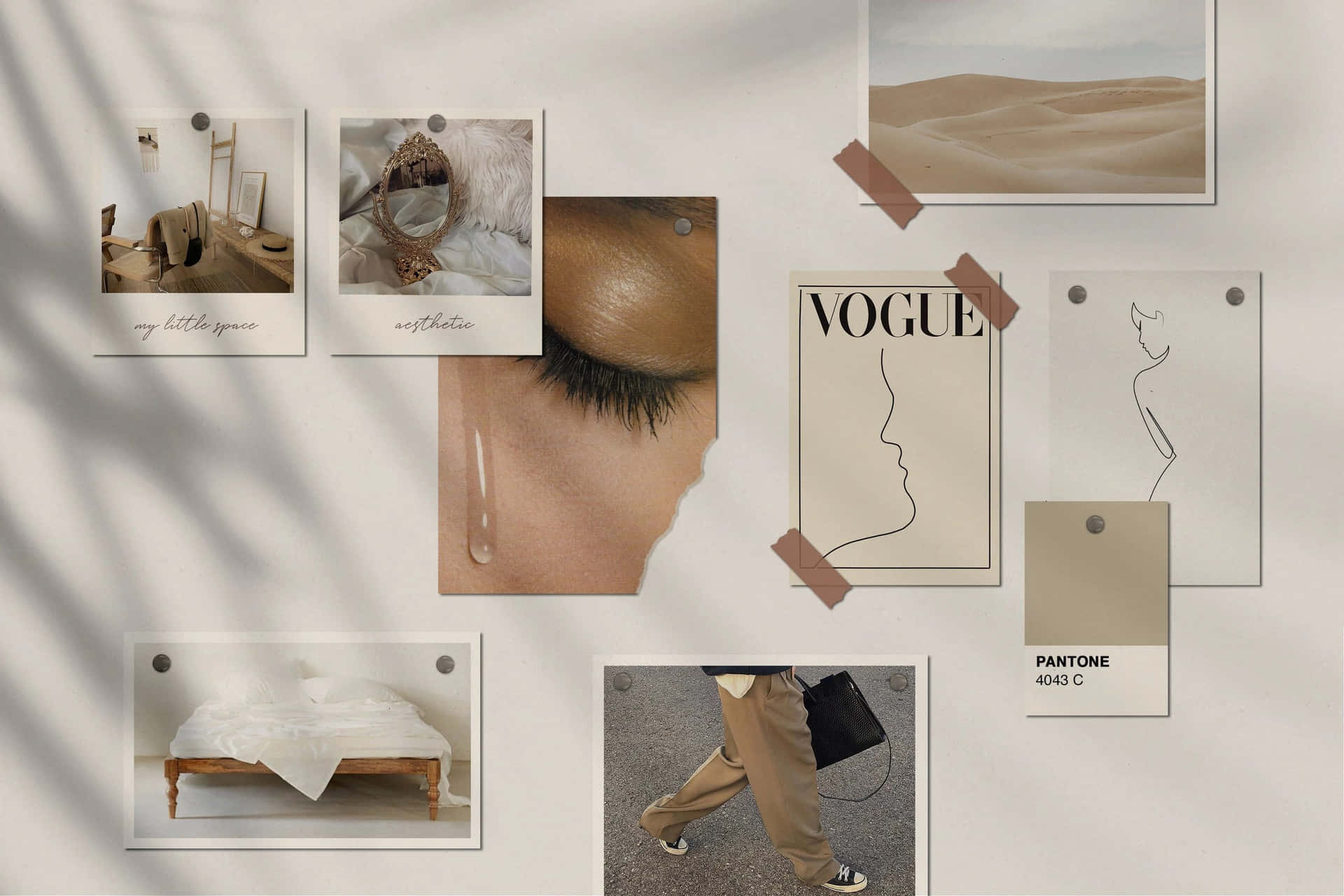 臥室、沙漠、Vogue 雜誌和皮膚撕裂的寶麗來照片釘在牆上。