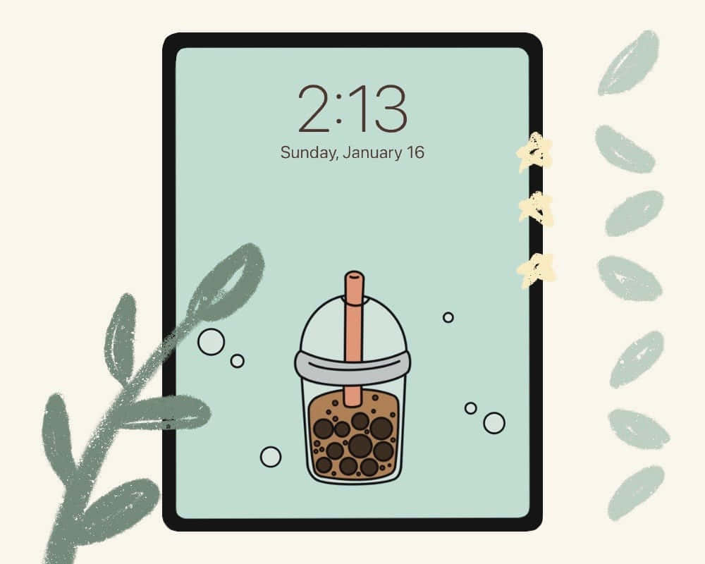 平板電腦屏幕顯示珍珠奶茶飲品，帶有裝飾性葉子和星星。