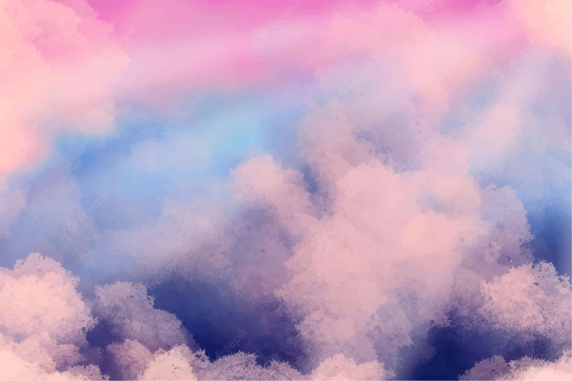 夢幻水彩天空入面嘅粉彩粉紅、藍色同紫色雲朵。