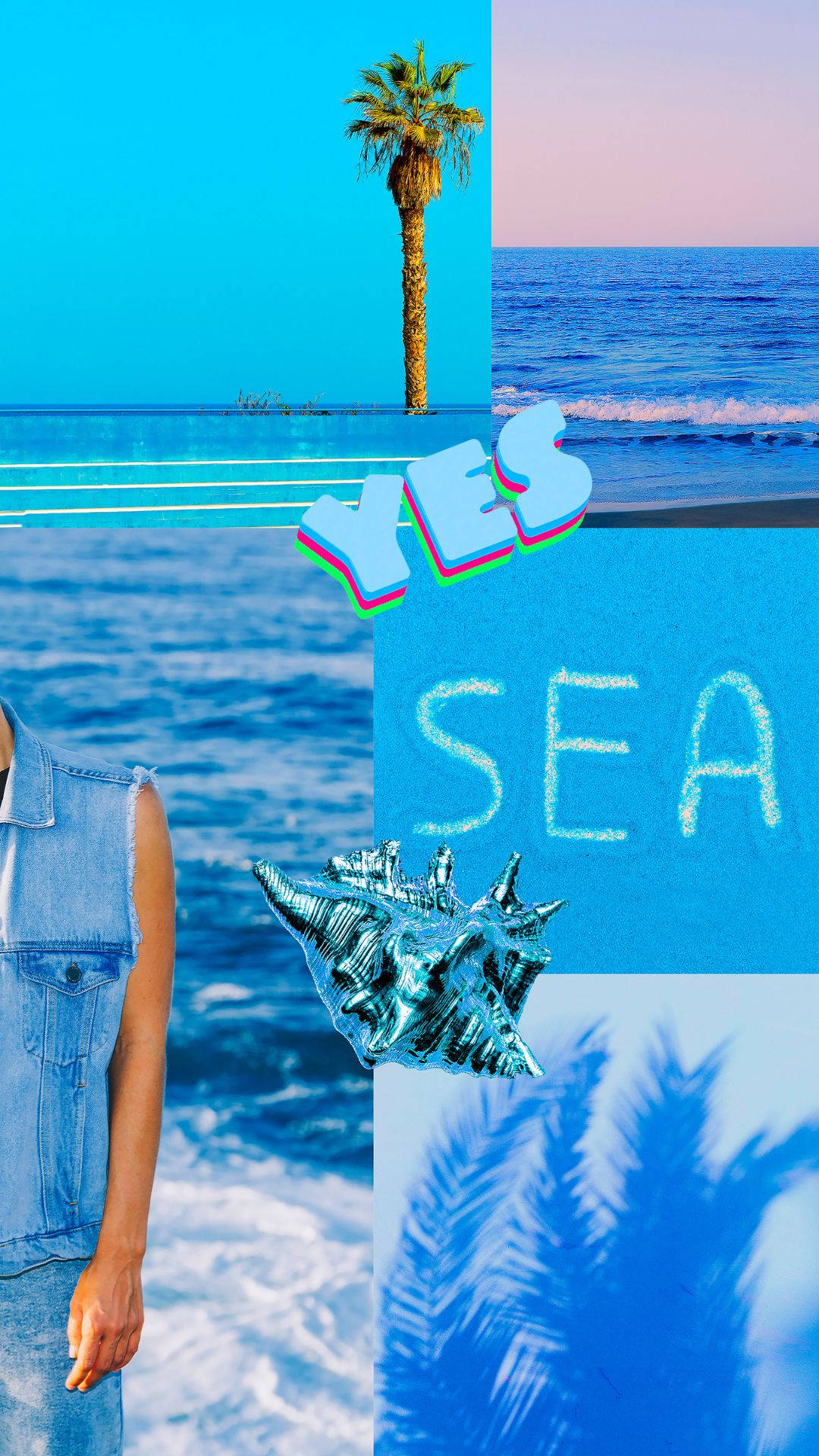 海灘場景拼貼畫，包括棕櫚樹、海洋和穿著牛仔布的人。