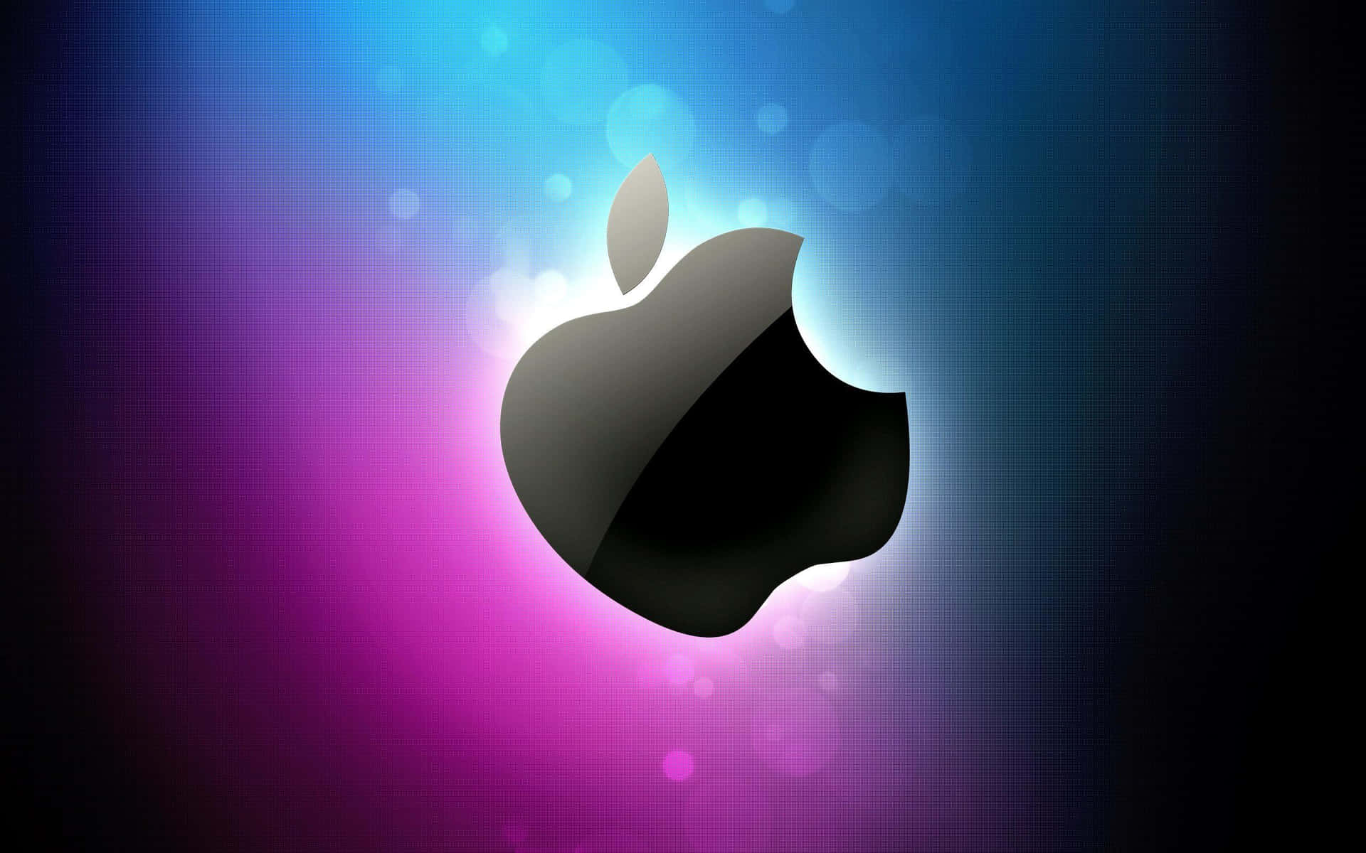 Apple標誌在藍色和紫色的散景燈光中發光
