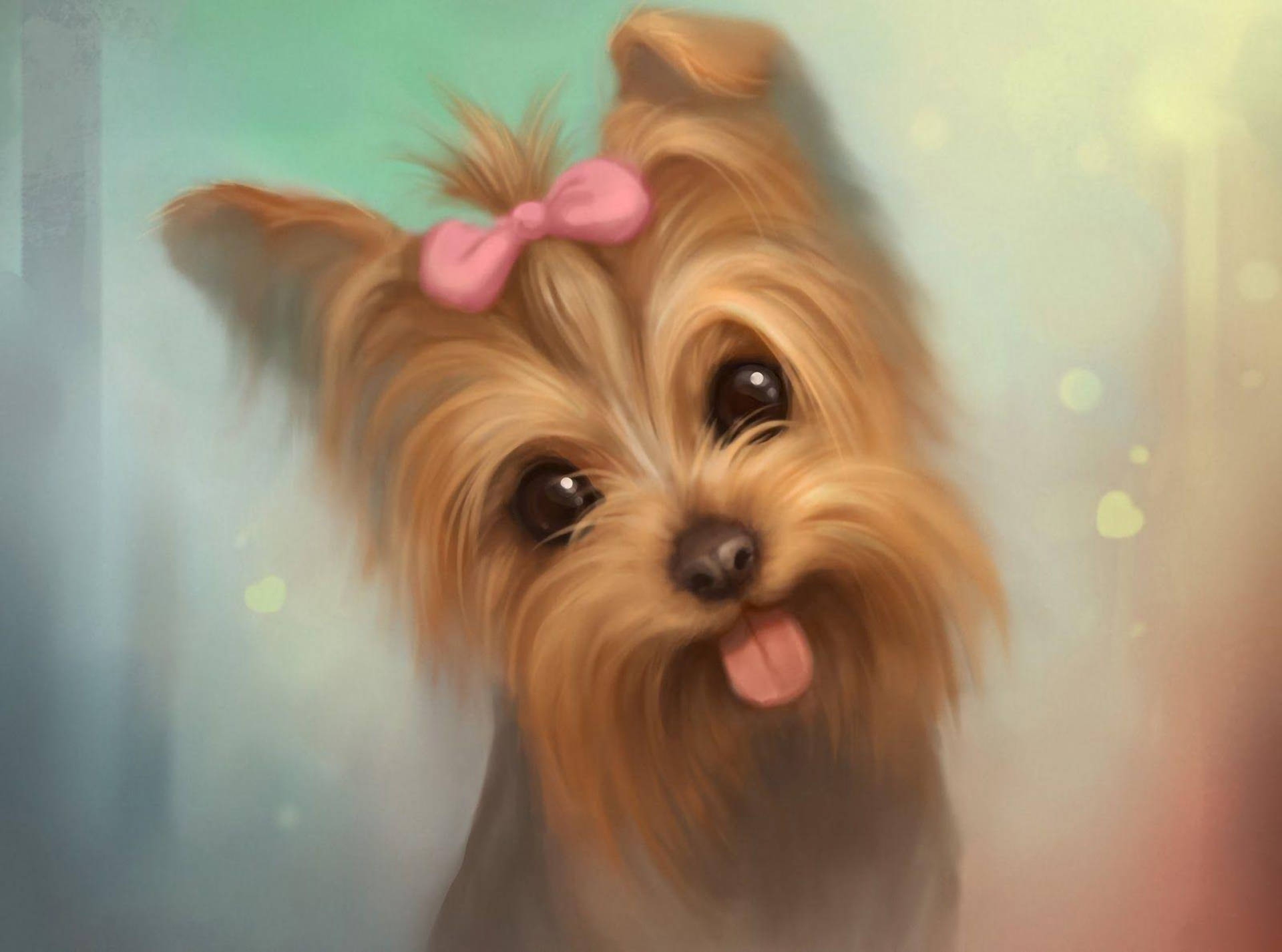 柔美約克夏幼犬繪畫 壁紙 — 一隻可愛的約克夏㹴，頭上戴著粉紅色蝴蝶結，在柔和的粉彩背景前伸出舌頭。