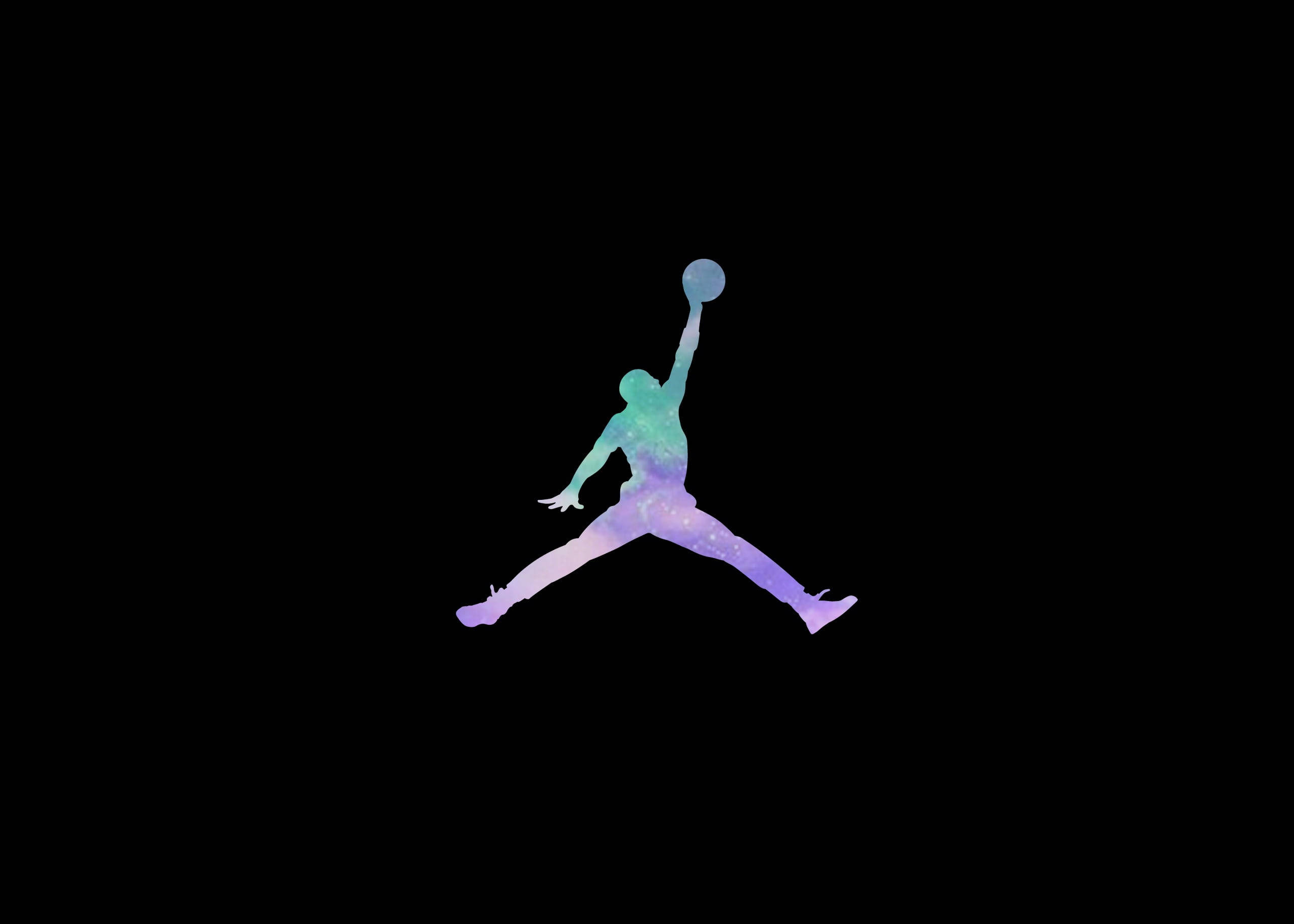 柔色 Air Jordan 標誌 壁紙 — 一個充滿活力的星系漸變剪影，描繪一名籃球運動員在黑色背景上半空灌籃。