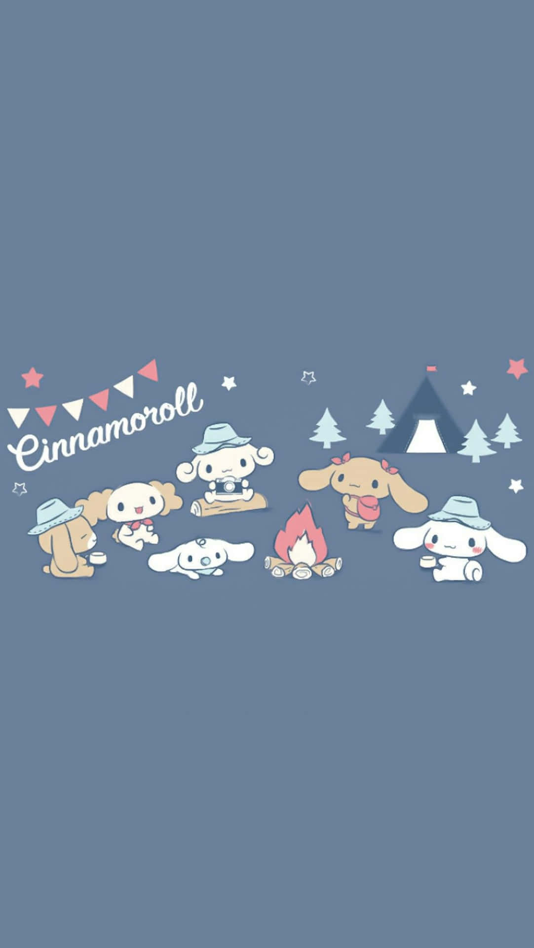 Cinnamoroll 角色在雪地樹林裡露營，有火和帳篷。