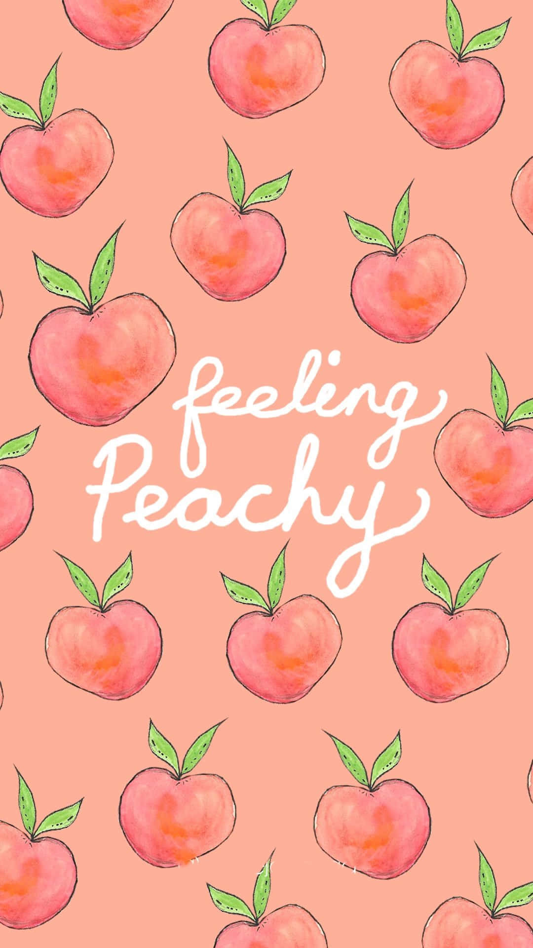 粉紅色桃子圖案，配以綠色葉片和白色草書文字，寫著feeling Peachy。