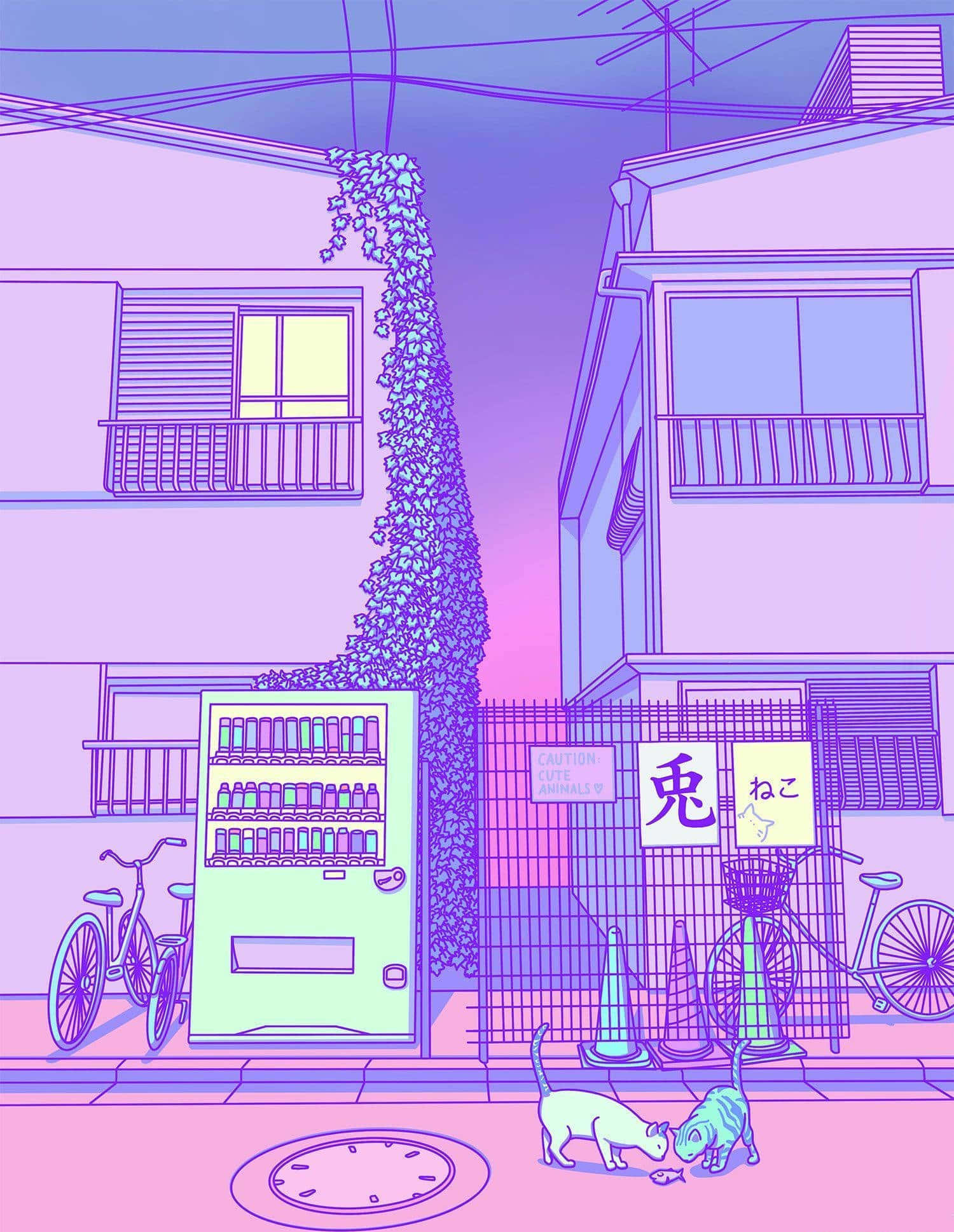 柔軟甜美如棉花糖 壁紙 — 兩隻貓在公寓大樓之間的霓虹粉紫色小巷中，在發光的自動售貨機附近進食。