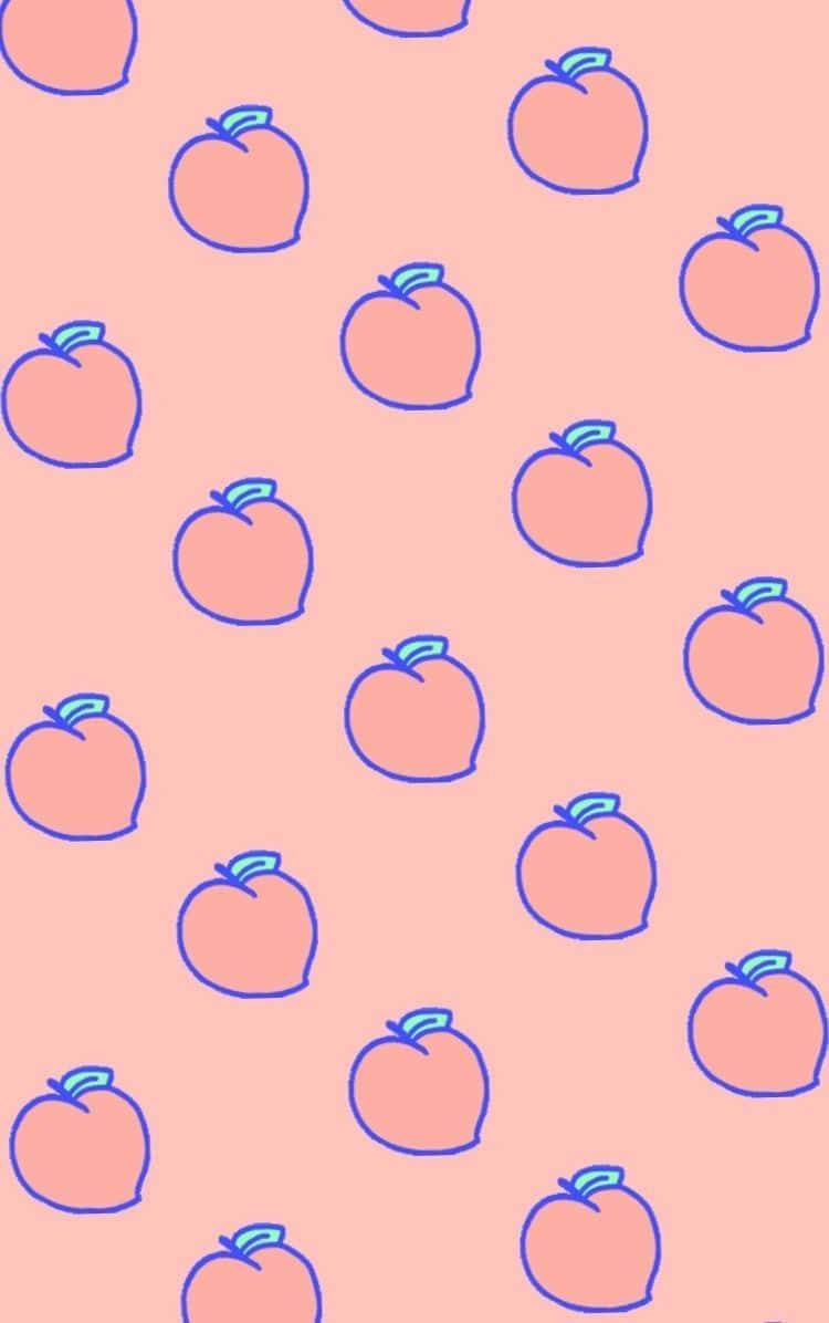 柔軟甜美的桃粉色 壁紙 — 在柔和的粉紅色背景上重複的藍色桃子輪廓圖案。