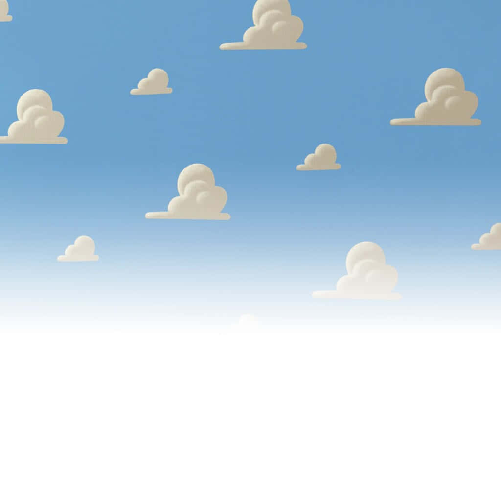 Toy Story Cloud 桌布 壁紙 — 柔軟的卡通雲朵漂浮在漸變藍色天空上，白色地平線之上。