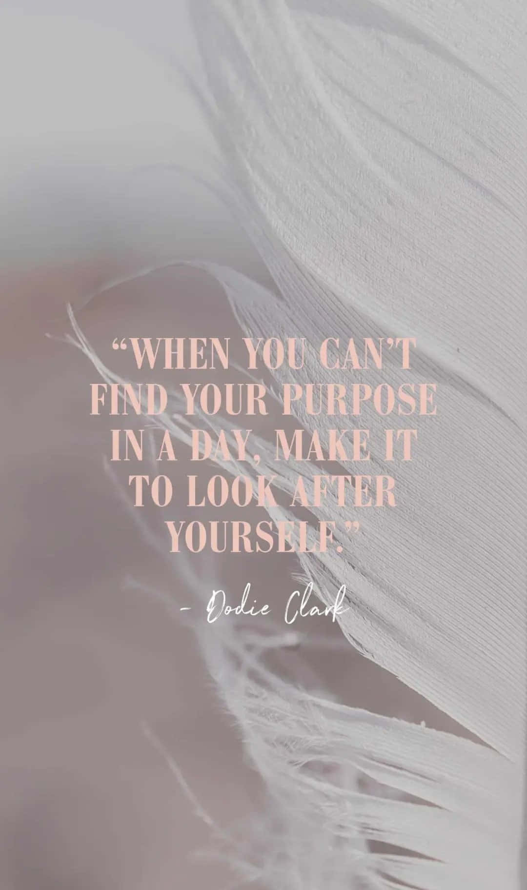 Self Care 桌布 壁紙 — 柔軟的白色羽毛上帶有柔和粉紅色引文疊加，內容為：「當你一天找不到目標時，就把它變成照顧自己。」