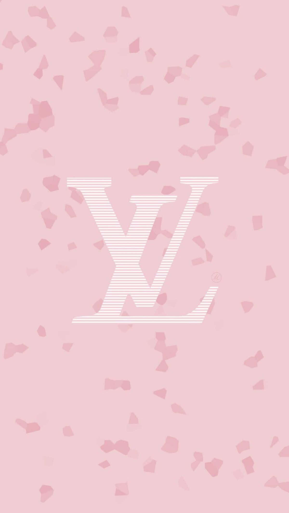 可愛 iPhone 壁紙 桌布 壁紙 — 柔軟的粉紅色牆紙上，白色條紋的 Louis Vuitton 標誌被散落的粉紅色紙屑包圍。