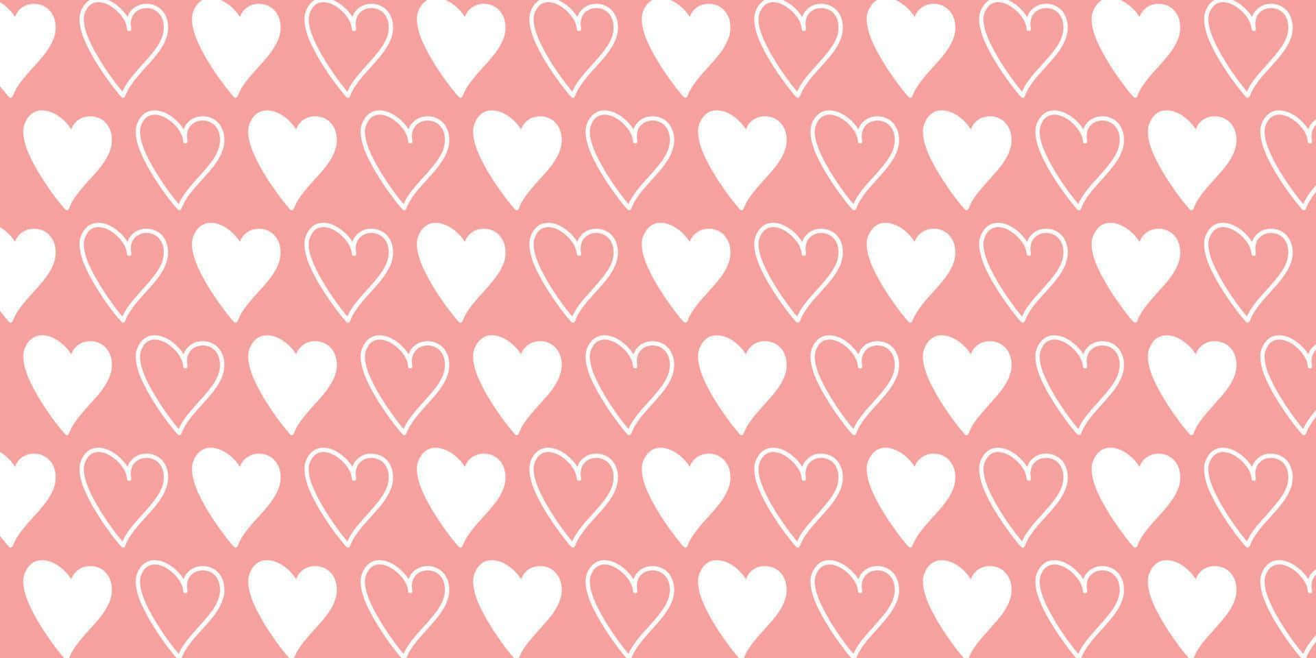 Cute Heart 桌布 壁紙 — 柔軟的粉紅色背景，整齊的網格中充滿了重複的白色輪廓心形圖案。
