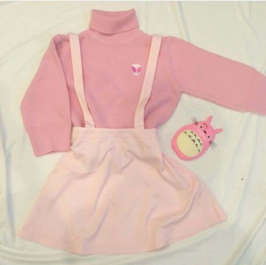 Pink Sweater 桌布 壁紙 — 柔軟的粉紅色高領毛衣，帶有外星人補丁，搭配相配的吊帶褲和裙子，旁邊是白色床單上的粉紅色龍貓毛絨玩具。