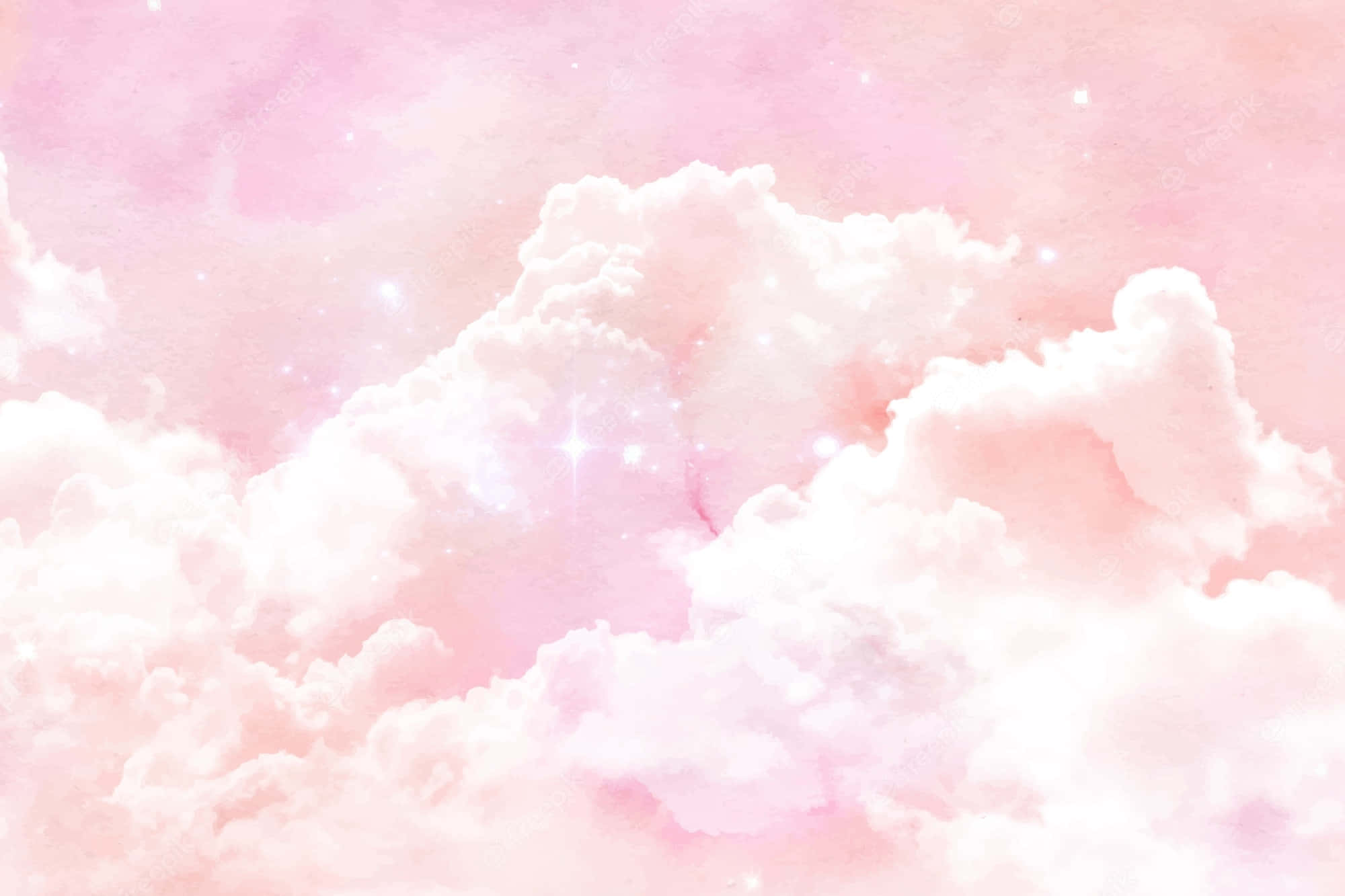 Pink Cloud 桌布 壁紙 — 柔軟的粉紅雲朵飄過夢幻的天空，點綴著閃爍的星星和柔和的光線。
