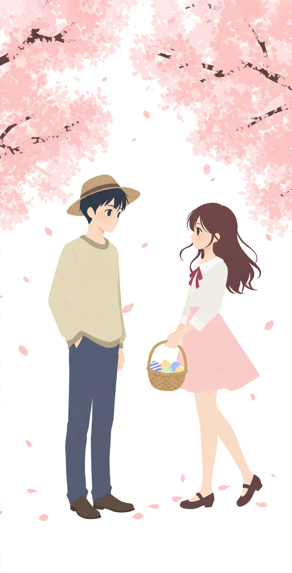 柔軟簡約動漫風格男女主角手持復活節籃，身著淡彩服裝 壁紙 — 一對年輕情侶站在盛開的櫻花下，花瓣在他們周圍飄落。