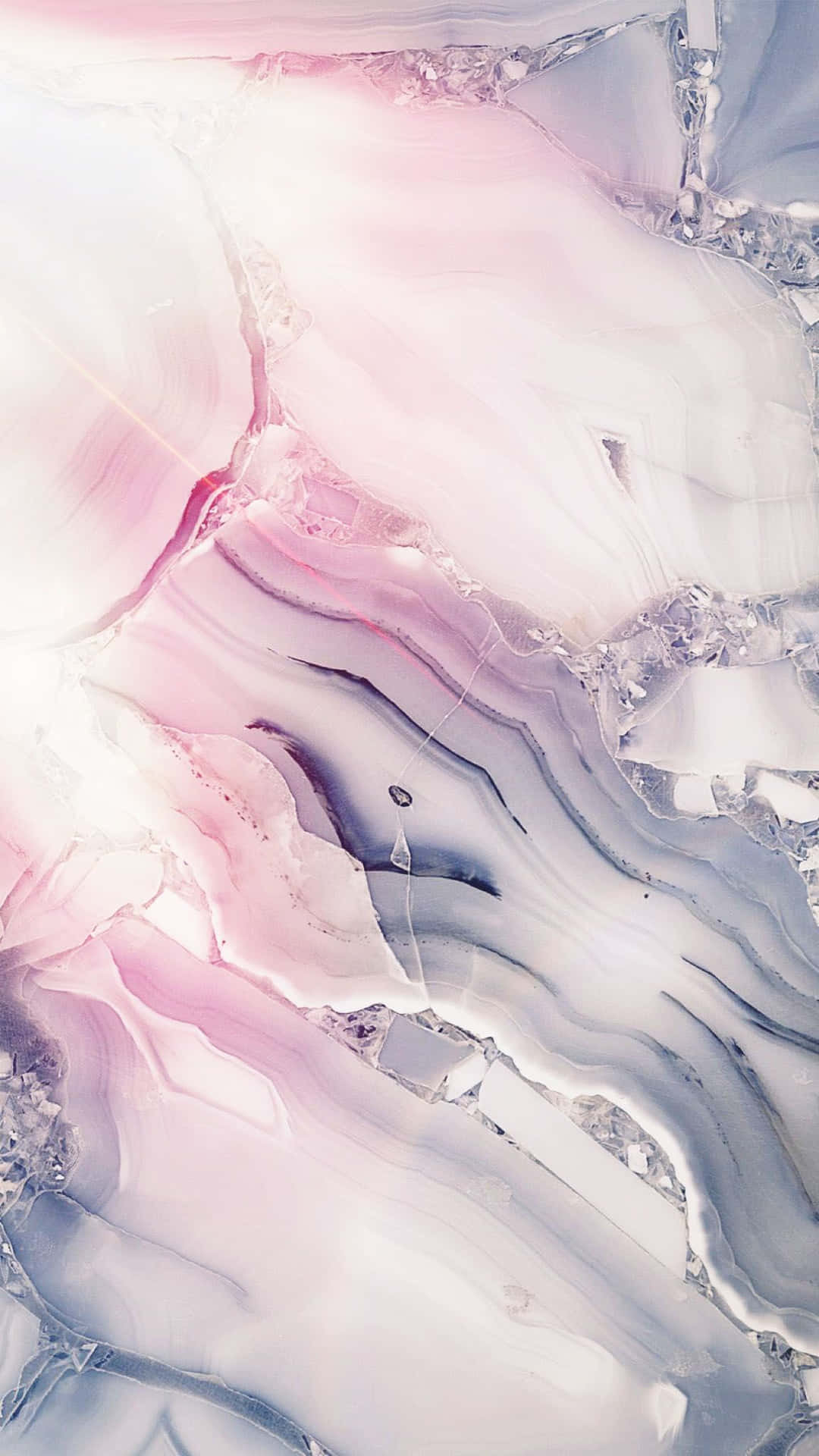 Marble Phone 桌布 壁紙 — 柔軟粉紅、白色和灰色中帶有結晶紋理和柔和漸變的流動抽象大理石圖案。