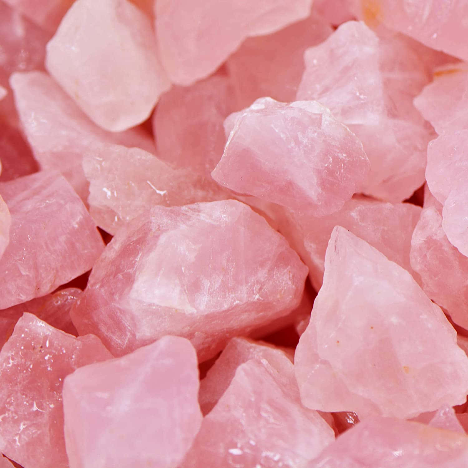 Pink Crystal Quartz 桌布 壁紙 — 柔軟粉紅玫瑰石英晶體的近距離特寫，具有光滑的刻面和溫和的半透明感。