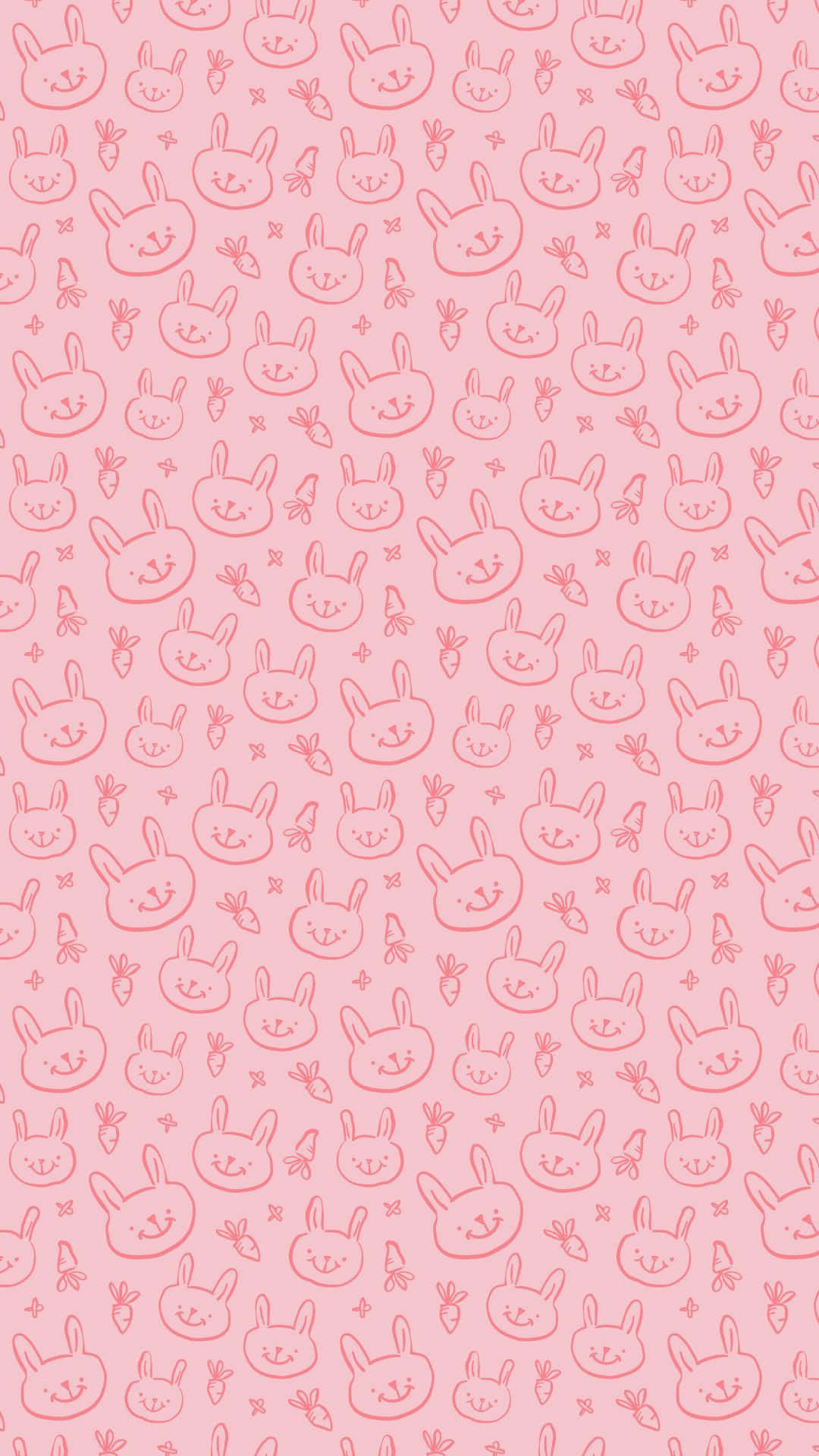 Pink Bunny 桌布 壁紙 — 柔軟粉紅色牆紙，充滿重複的可愛兔子輪廓和細小的胡蘿蔔圖案，採用精緻的線條藝術風格。