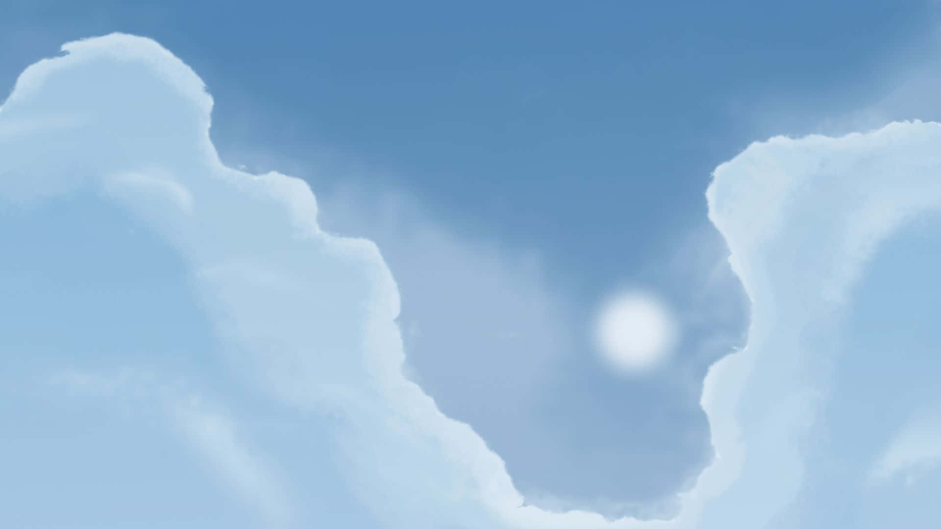柔軟藍色漸層背景 壁紙 — 柔軟的白雲在寧靜的藍天上飄動，明亮的太陽從中探出頭來。