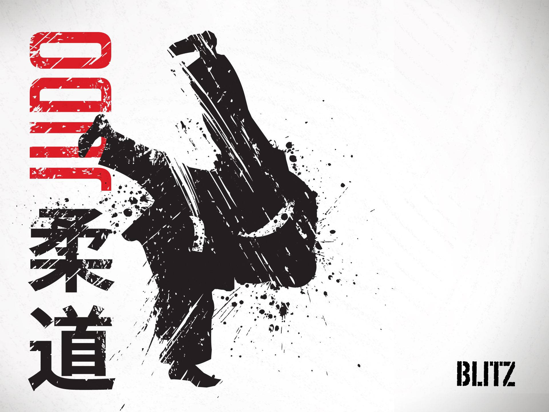 柔道圖形藝術 壁紙 — 動態黑色墨水飛濺插圖，描繪一位柔道運動員在半空中踢腿，帶有粗體紅色日文字元，背景為白色。