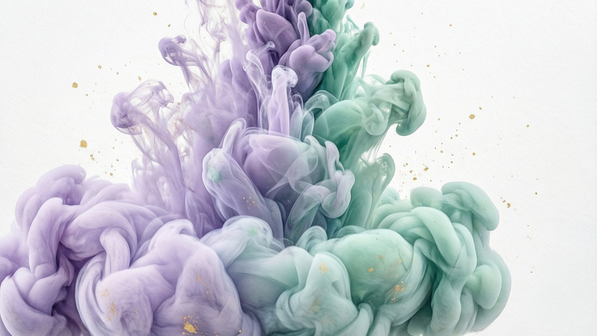 柔霧水彩爆發 壁紙 — 充滿活力的薰衣草和薄荷綠墨水漩渦在帶有金色斑點的純白背景上向上爆發。