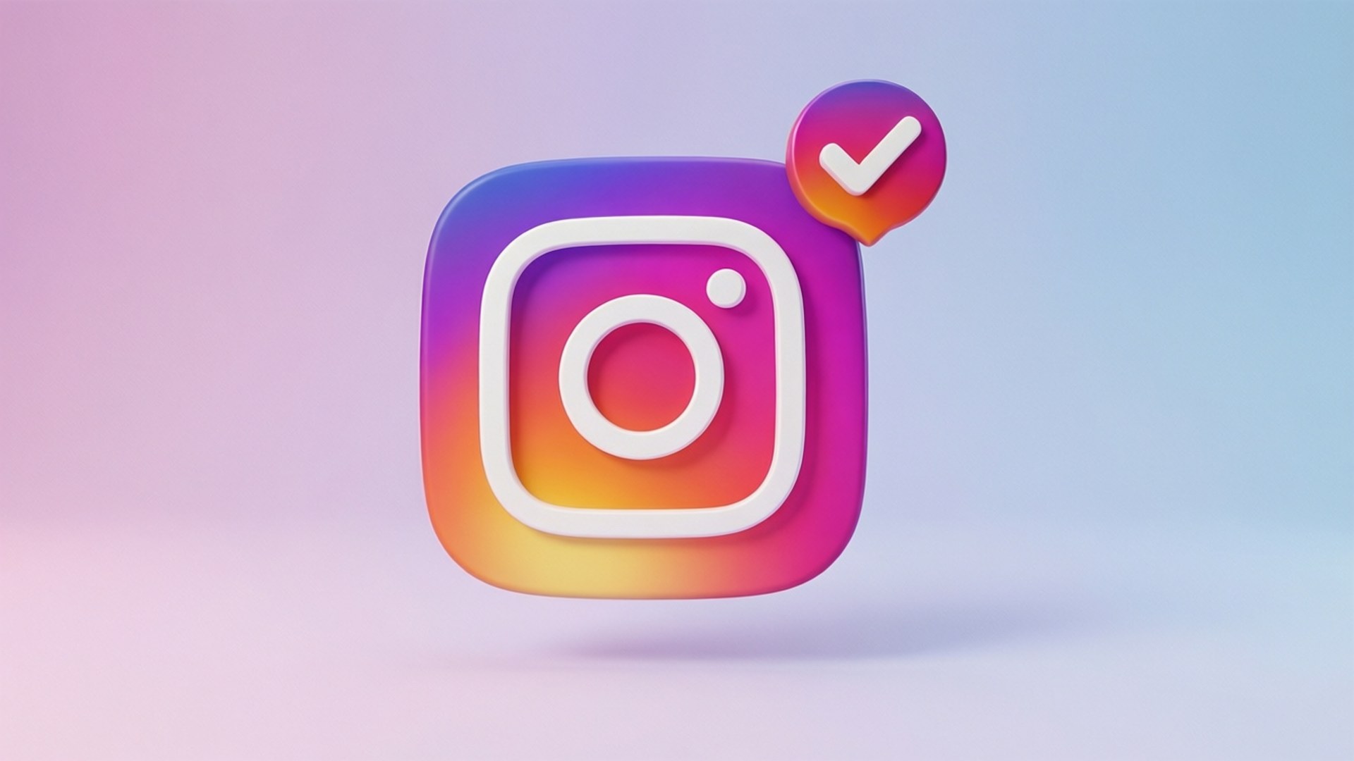 柔霧漸層Instagram認證標誌 壁紙 — 一個帶有剔號徽章的光澤3D Instagram標誌漂浮在柔和漸變背景上。