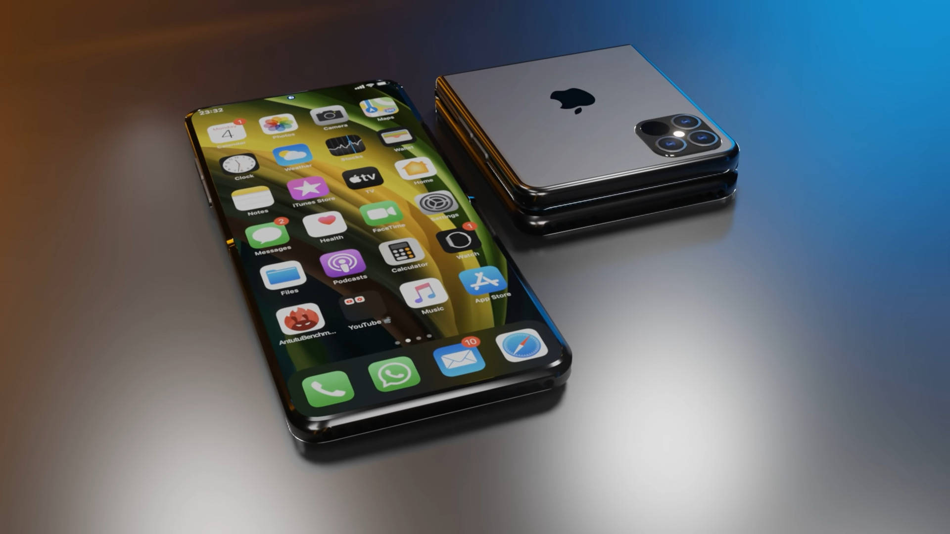 柔韌可摺疊概念iPhone 壁紙 — 兩部時尚的iPhone，一部直立顯示彩色應用程式圖標，另一部平放，背景為漸變藍色。