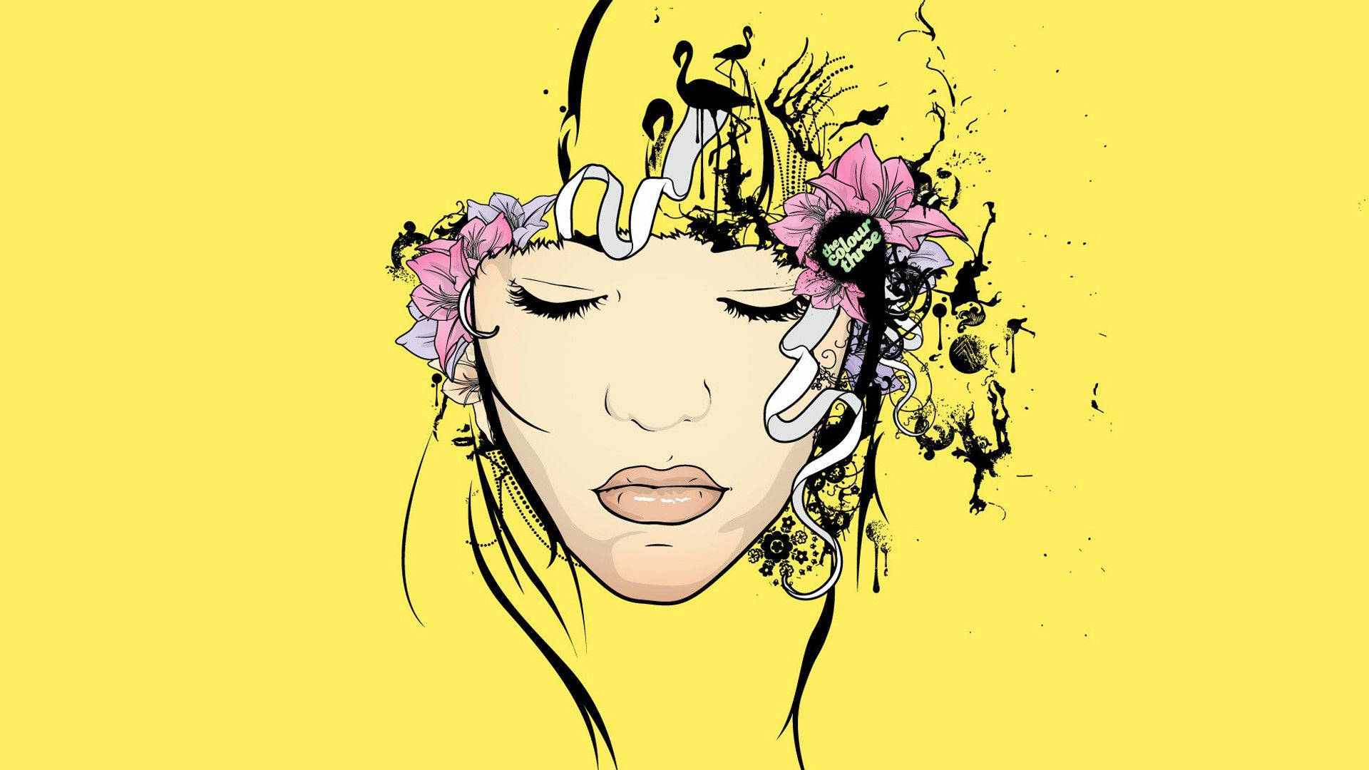 柔黃女性藝術 壁紙 — 一個風格化的插圖女性面孔，閉著眼睛，點綴著粉紅色的花朵和黑色墨水飛濺，背景是充滿活力的黃色。
