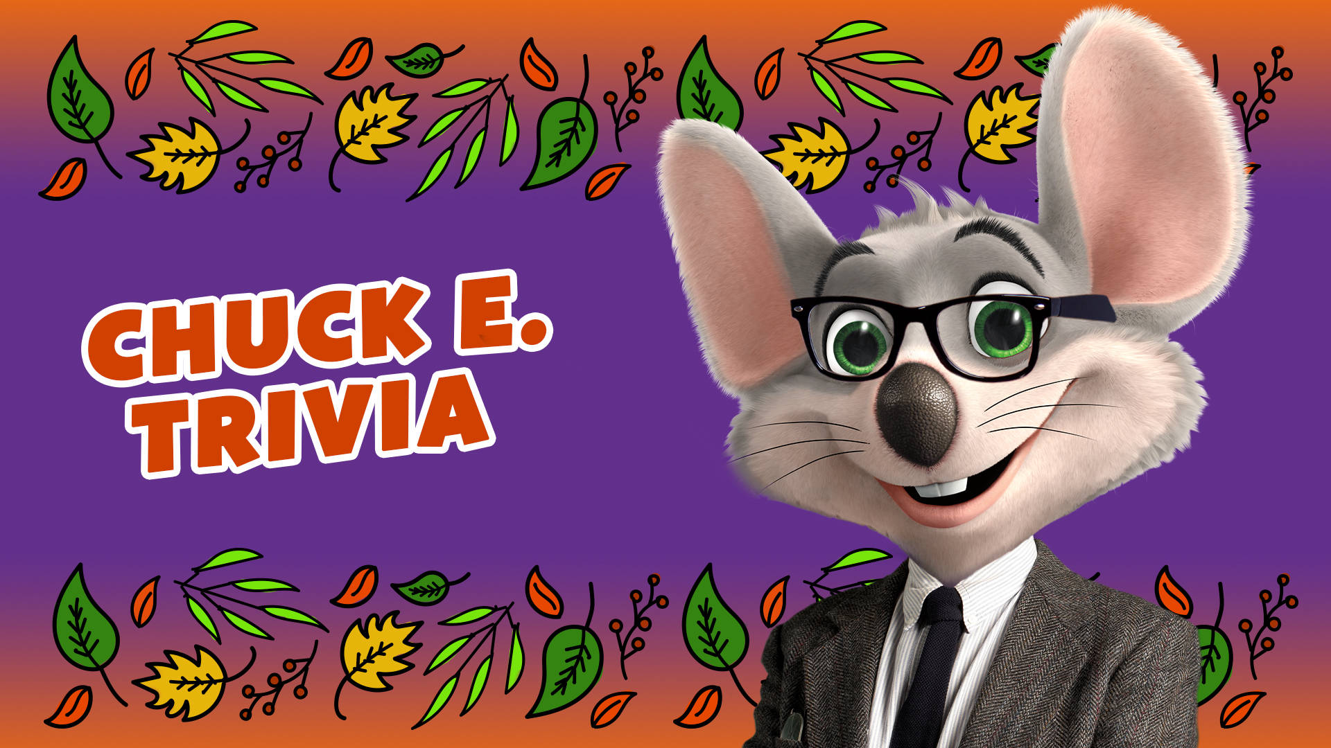 查克·E·切斯 trivia 壁紙 — Chuck E. Cheese 吉祥物戴眼鏡和西裝，在紫色背景上微笑，周圍有秋葉。