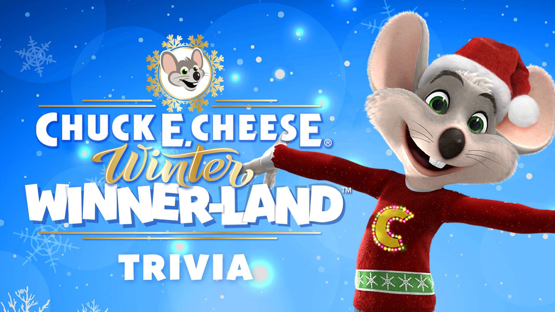 查克·E·切斯聖誕海報 壁紙 — Chuck E Cheese 吉祥物穿著紅色節日毛衣和聖誕帽，在藍色雪景背景和節日文字中微笑。