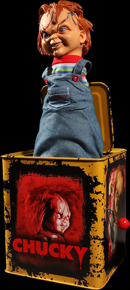 查基娃娃跳盒娃娃 壁紙 — 一個帶有紅色手柄和沾滿血跡的「CHUCKY」標籤的黃色驚喜盒中，彈出一個兇惡的Chucky娃娃。